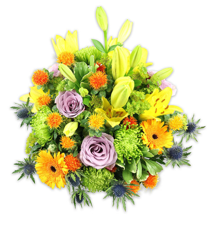A densely arranged, vibrant bouquet photographed on a stark white field to let its colours sing: golden yellows, vivid oranges, fresh chartreuse-greens, soft lavender-purples and cool indigo-blues combine in a harmonious, textured composition. Prominent yellow Asiatic lilies give the arrangement height and drama-several blossoms open wide, their freckled throats visible, while elongated buds lift upward like green-gold sentinels. Two or three pale lavender roses sit centrally as a calm focal point, their layered petals softening the bolder elements. Generous orange Gerbera daisies punctuate the mass with broad, flat petals and darker centres that create a rhythmic visual beat. Plentiful lime-green button chrysanthemums act as verdant cushions, filling gaps and creating a rounded, overflowing shape that feels abundant and generous. Small, spherical orange and yellow accent blooms-reminiscent of Billy Buttons or small pincushion varieties-dot the surface with lively, concentrated colour. Several blue-grey sea thistles (Eryngium) emerge along the lower and lateral edges; their star-like, spiky bracts add architectural interest and a cool tonality that offsets the warmth of the lilies and gerberas. Varied foliage-large glossy leaves, slender stems and soft fillers-wraps the blooms, contributing depth, contrast and a fresh herbal fragrance. The soft, even lighting highlights the bouquet's density and the florist's considered balance of form and texture. Apt for birthdays, anniversary table centres, or as a bright sympathy tribute, this arrangement evokes celebration and comfort in equal measure and would sit beautifully on a mantel, dining table or office reception in the Bellingham area.