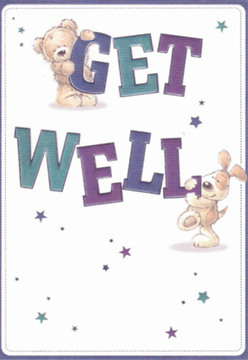 There's a sense of nurturing serenity in this hand-illustrated get well card, its charm unmistakably reminiscent of a comforting visit to Bellingham's bustling high street. The artwork centres on a plush bear, its caramel-toned fur shaded with the delicacy of dappled sunlight, wrapping a paw lovingly over the vibrant purple letters spelling 'GET.' Directly below, a spirited puppy, its coat a tapestry of cream and brown with the floppiest of ears, nestles close against the bold teal 'WELL.' Visibly intertwined, their expressions brim with heartfelt encouragement, echoing the kind words exchanged between neighbours near Bellingham station. Scattered star motifs, painted in periwinkle blues and rich violets, evoke gentle magic and hopefulness-tiny beacons like those found in the twinkling lights at the local park. The creamy white background enhances both clarity and warmth, much as fresh seasonal blooms from Bellingham's own florists bring brightness to a loved one's room. Each line and brushstroke is intentional and affectionate, recalling the care we give when arranging petals and leaves to cradle someone's spirits during recovery. This visual embrace, both joyful and sincere, is as effective in delivering support as any bouquet, perfectly suited for delivering a smile to a friend across Bromley Road or nearby Grove Park.
